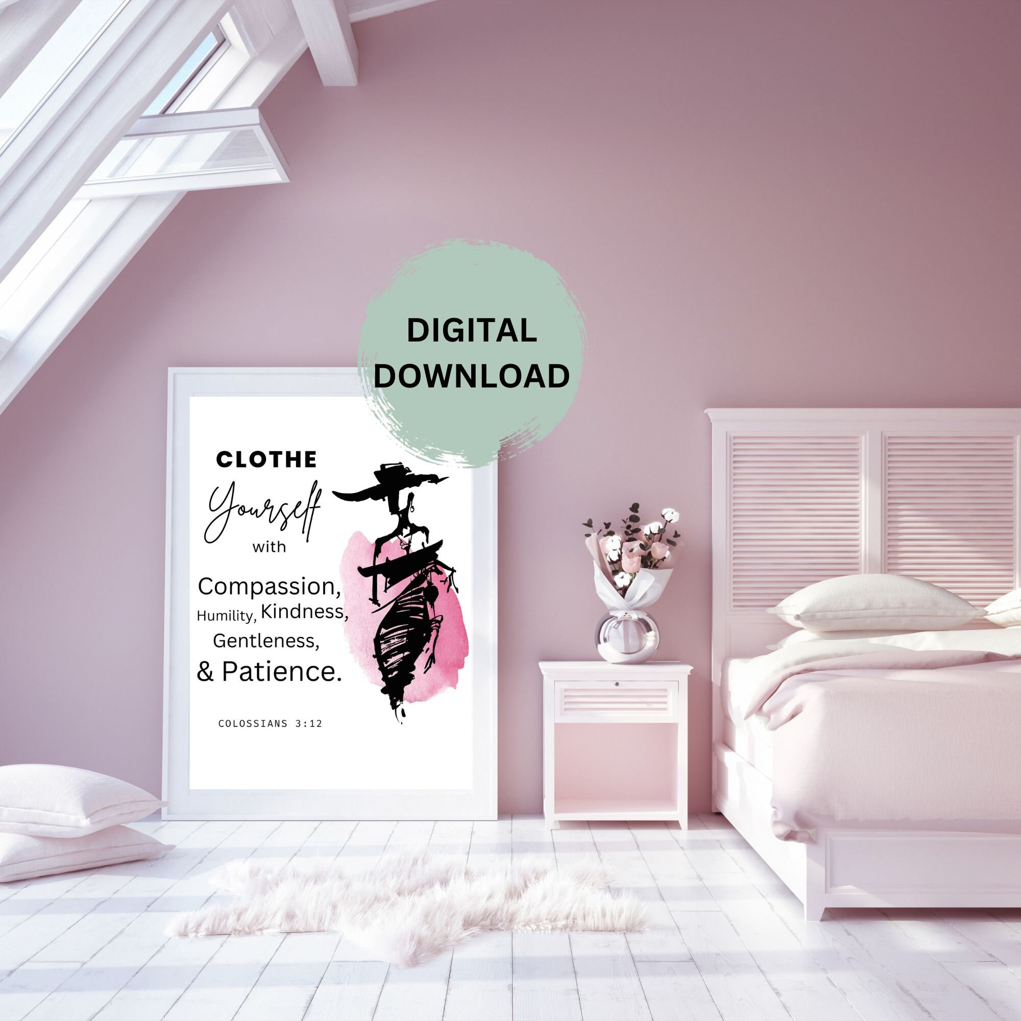 Printable wall art displayed in a stylish pink room.